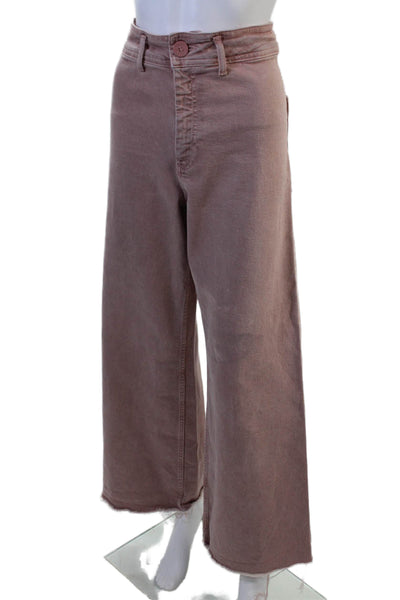 Zara Women Cropped High Rise Brown Cotton Blend Pants Button Size 4