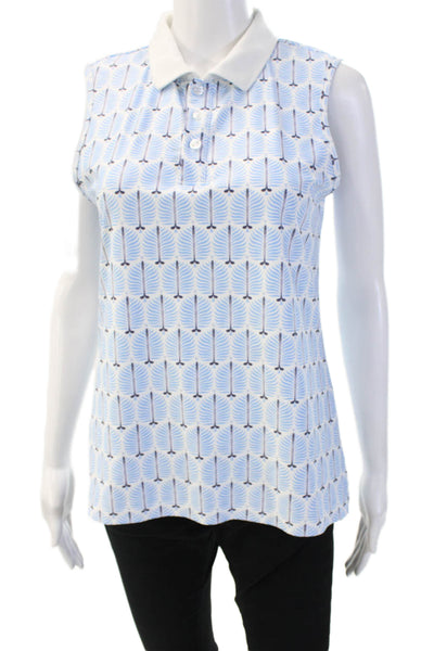 Designer Women Basic Polo Collared Sleeveless Light Blue Geometric Size M