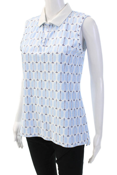 Designer Women Basic Polo Collared Sleeveless Light Blue Geometric Size M