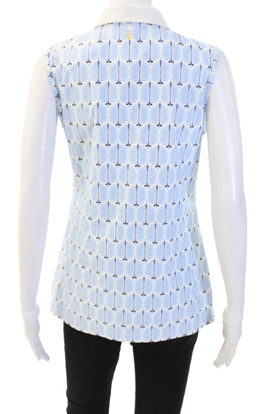 Designer Women Basic Polo Collared Sleeveless Light Blue Geometric Size M