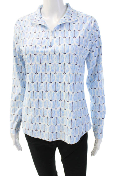 Designer Womens Light Blue Geometric Collared Long Sleeve Polo Size S