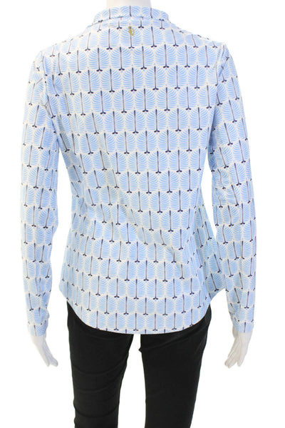 Designer Womens Light Blue Geometric Collared Long Sleeve Polo Size S