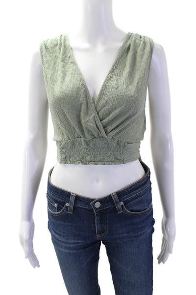 Zara Women Cropped V-Neck Tank Green Bohemian Solid Viscose Blend Size M