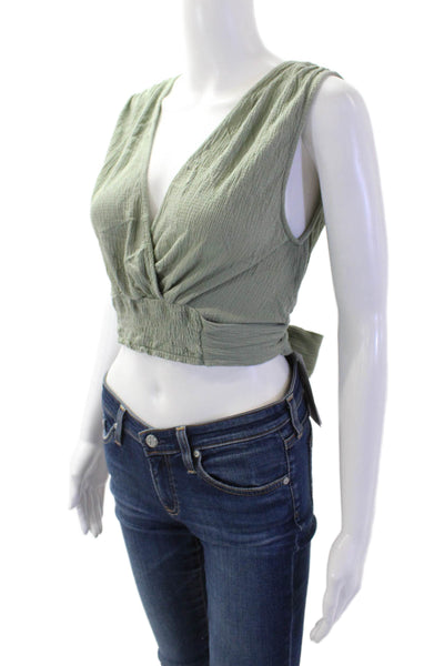 Zara Women Cropped V-Neck Tank Green Bohemian Solid Viscose Blend Size M