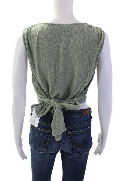 Zara Women Cropped V-Neck Tank Green Bohemian Solid Viscose Blend Size M
