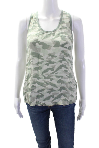 Joie Women Silk Green Camouflage Sleeveless Tank Top Round Neck Basic Size S