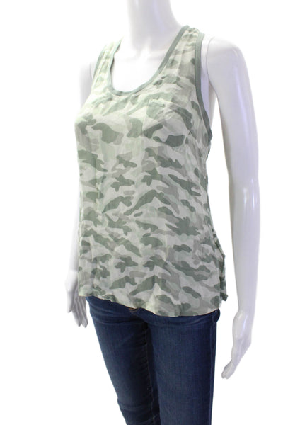 Joie Women Silk Green Camouflage Sleeveless Tank Top Round Neck Basic Size S