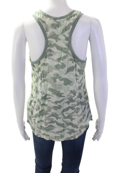 Joie Women Silk Green Camouflage Sleeveless Tank Top Round Neck Basic Size S
