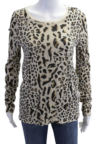 ATM Womens Beige Animal Print Cotton Basic Long Sleeve Tee Round Neck Size S
