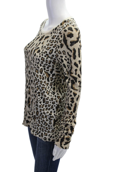 ATM Womens Beige Animal Print Cotton Basic Long Sleeve Tee Round Neck Size S