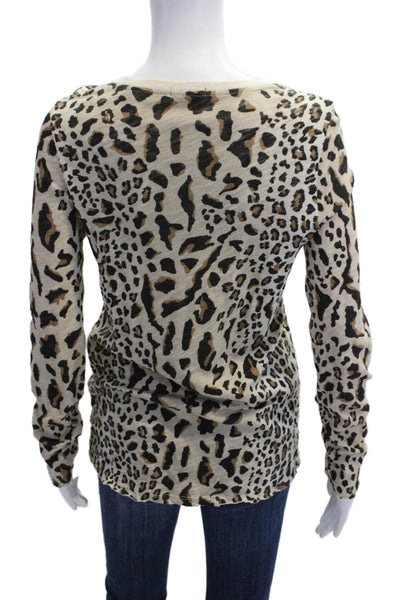 ATM Womens Beige Animal Print Cotton Basic Long Sleeve Tee Round Neck Size S