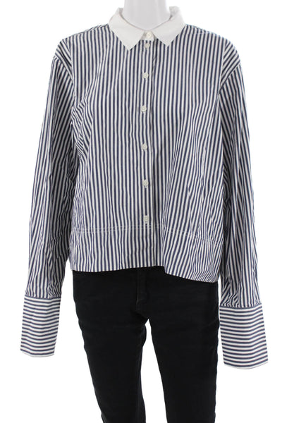 J Crew Women Basic Striped Blue Cotton Collared Button-Up Long Sleeve Size 14