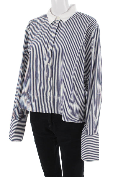 J Crew Women Basic Striped Blue Cotton Collared Button-Up Long Sleeve Size 14