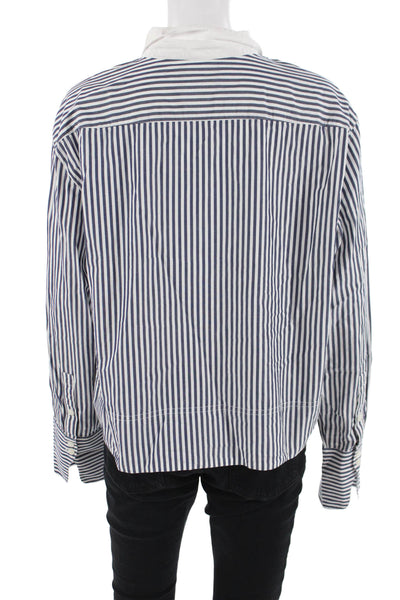 J Crew Women Basic Striped Blue Cotton Collared Button-Up Long Sleeve Size 14