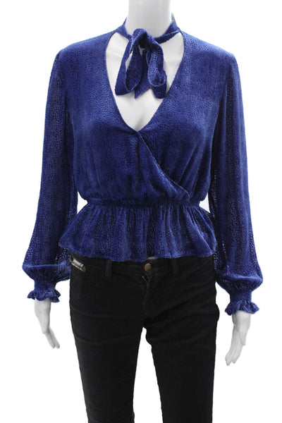 Intermix Women Blue V-Neck Tie-Front Bohemian Long Sleeve Blouse Size S