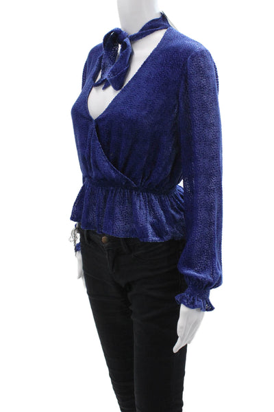 Intermix Women Blue V-Neck Tie-Front Bohemian Long Sleeve Blouse Size S