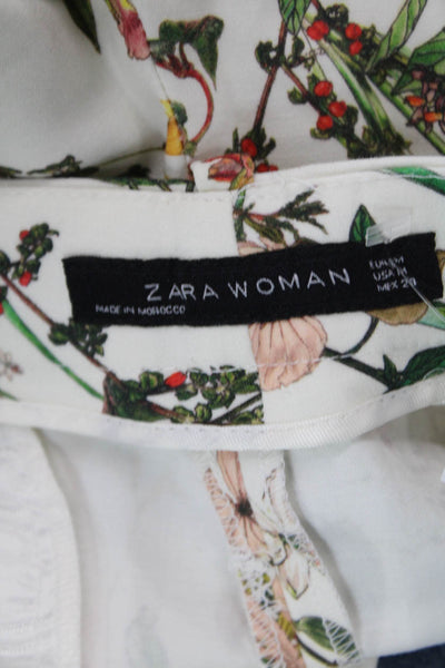 Zara Woman Women Cropped Ankle Pants White Floral Polyester Blend Size M
