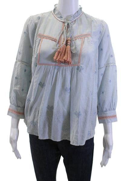 Let Me Be Women Tunic High Neck Floral Light Blue 3/4 Sleeve Cotton/Silk Size S