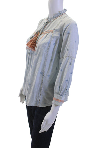 Let Me Be Women Tunic High Neck Floral Light Blue 3/4 Sleeve Cotton/Silk Size S