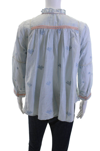 Let Me Be Women Tunic High Neck Floral Light Blue 3/4 Sleeve Cotton/Silk Size S