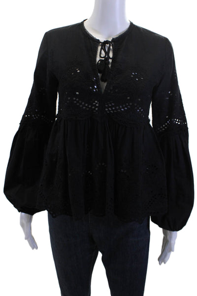 Misa Womens Black Bohemian Long Sleeve Cotton Blouse Size XS