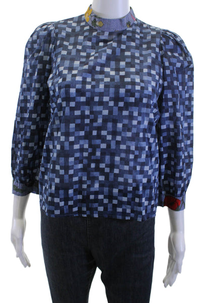 Warm Women Blue Cotton Mock Neck 3/4 Sleeve Geometric Blouse Size 0