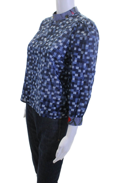 Warm Women Blue Cotton Mock Neck 3/4 Sleeve Geometric Blouse Size 0
