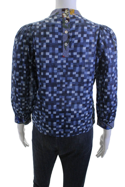 Warm Women Blue Cotton Mock Neck 3/4 Sleeve Geometric Blouse Size 0