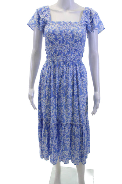 Walker & Wade Women Maxi Sundress Blue Floral Square Neck Short Sleeve Size XS
