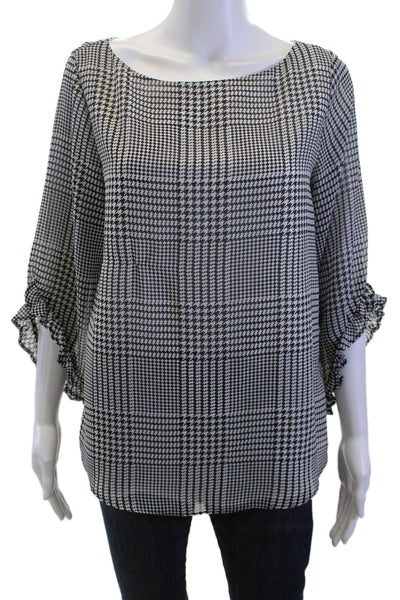 Calvin Klein Womens Tunic Blouse Black Check Round Neck 3/4 Sleeve Size M
