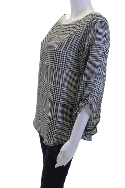 Calvin Klein Womens Tunic Blouse Black Check Round Neck 3/4 Sleeve Size M