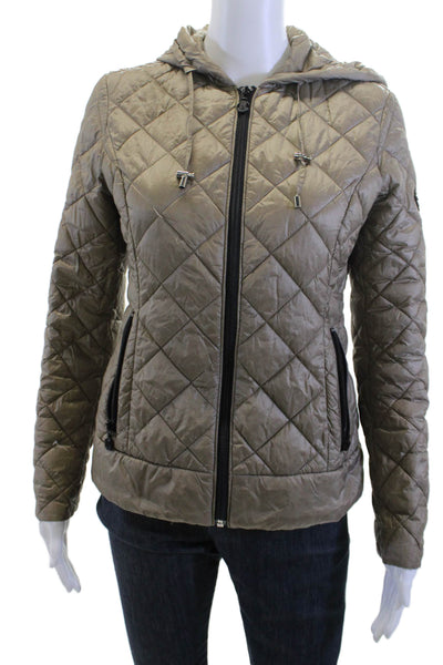 Bernardo Women Quilted Puffer Jacket Brown High Neck Drawstring Size XS