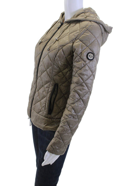 Bernardo Women Quilted Puffer Jacket Brown High Neck Drawstring Size XS