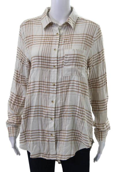 C&C California Women Plaid Collared Long Sleeve Button-Up Top Beige Size M