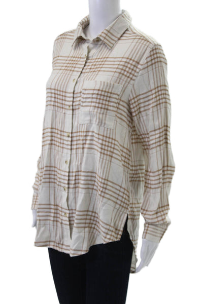 C&C California Women Plaid Collared Long Sleeve Button-Up Top Beige Size M