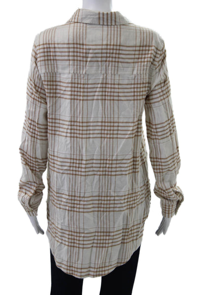 C&C California Women Plaid Collared Long Sleeve Button-Up Top Beige Size M