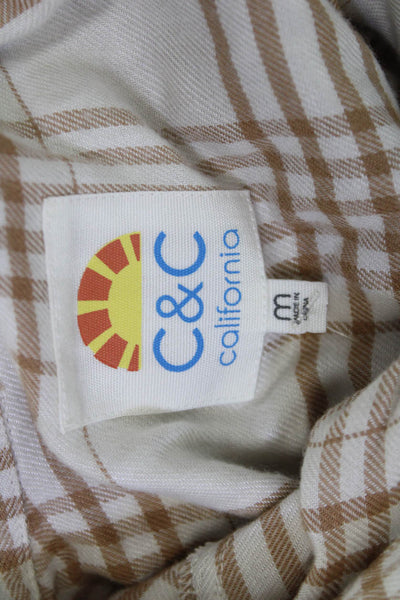 C&C California Women Plaid Collared Long Sleeve Button-Up Top Beige Size M