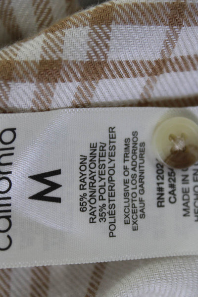 C&C California Women Plaid Collared Long Sleeve Button-Up Top Beige Size M