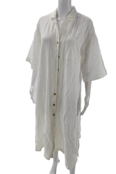 Madewell Women Kaftan Shirt Dress White Cotton 3/4 Sleeve Collared Midi Size S