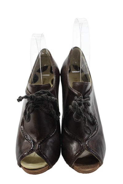 Max Studio Womens Lace Up Block Heel Peep Toe Pumps Brown Leather Size 7.5M