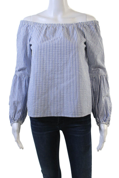 Wayf Women Blue Striped Zip Long Sleeve Blouse Cotton Spandex Size XS