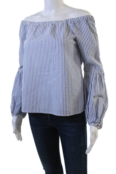Wayf Women Blue Striped Zip Long Sleeve Blouse Cotton Spandex Size XS