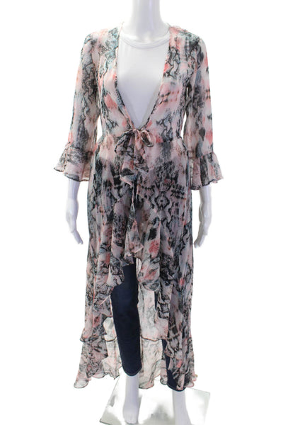 Asos Women Black Animal Print Kaftan Top 3/4 Sleeve V-Neck Tie Size 4