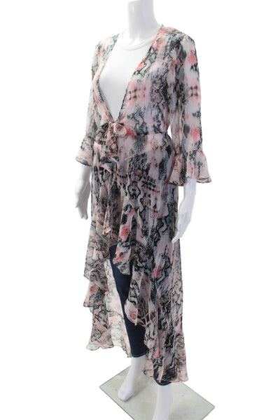 Asos Women Black Animal Print Kaftan Top 3/4 Sleeve V-Neck Tie Size 4