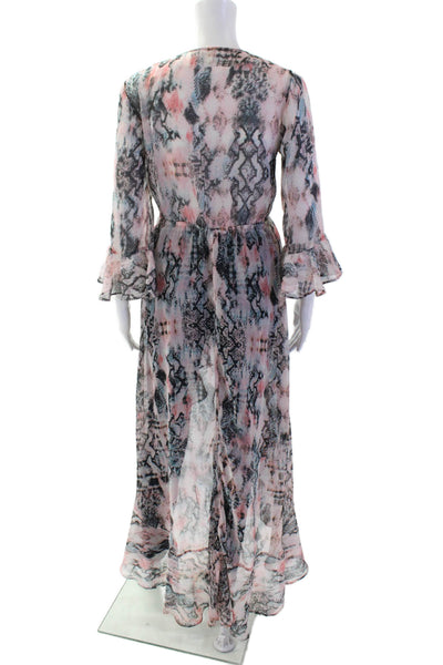 Asos Women Black Animal Print Kaftan Top 3/4 Sleeve V-Neck Tie Size 4