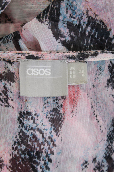 Asos Women Black Animal Print Kaftan Top 3/4 Sleeve V-Neck Tie Size 4