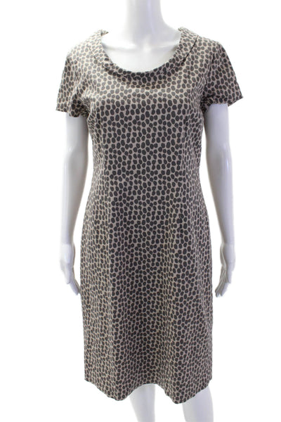 Peter Elliot Women Sheath Dress Beige Polka Dot Short Sleeve Cotton Zip Size 46