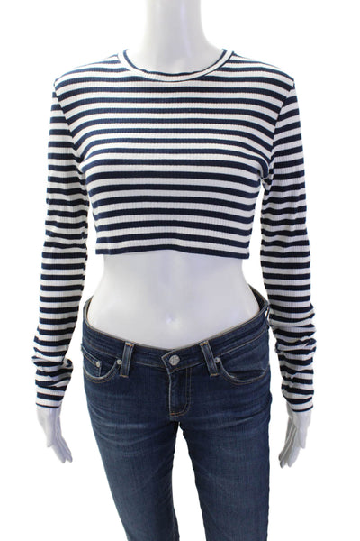 Zara Women Cropped Striped T-Shirt Dark Blue Long Sleeve Crew Neck Size M