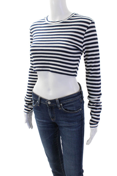 Zara Women Cropped Striped T-Shirt Dark Blue Long Sleeve Crew Neck Size M