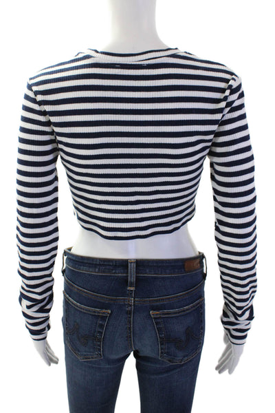 Zara Women Cropped Striped T-Shirt Dark Blue Long Sleeve Crew Neck Size M